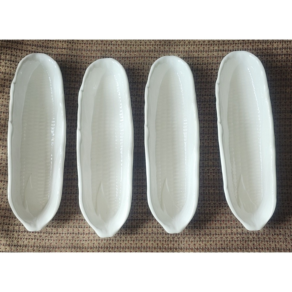 Set of 4 Vintage Lillian Vernon White Ceramic Corn On The Cob Dish Holders 9"